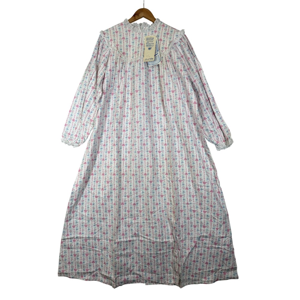 Vtg New Lanz of Salzburg Nightgown XL White Pink Blue Floral Lace Cotton USA!